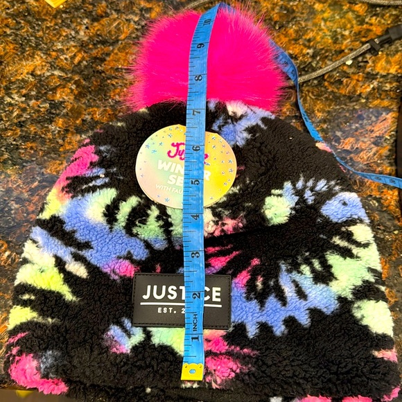 Justice Black Multi Color Beanie w/ pink faux fur pom pom NEW NWT Tween Teenager - Picture 7 of 7